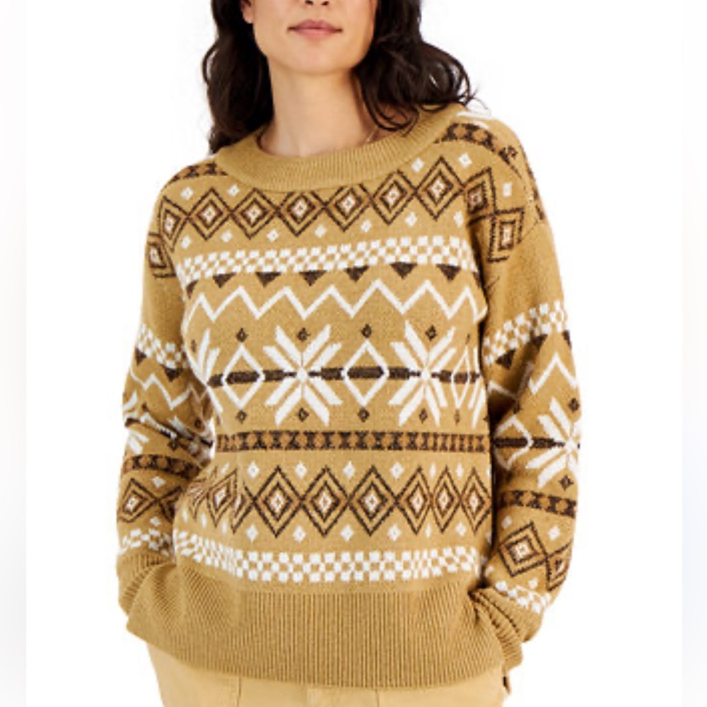 Style & Co. Womens Tan Fair Isle Sweater‎ Medium Boho Outerwear Winter Warm Cozy